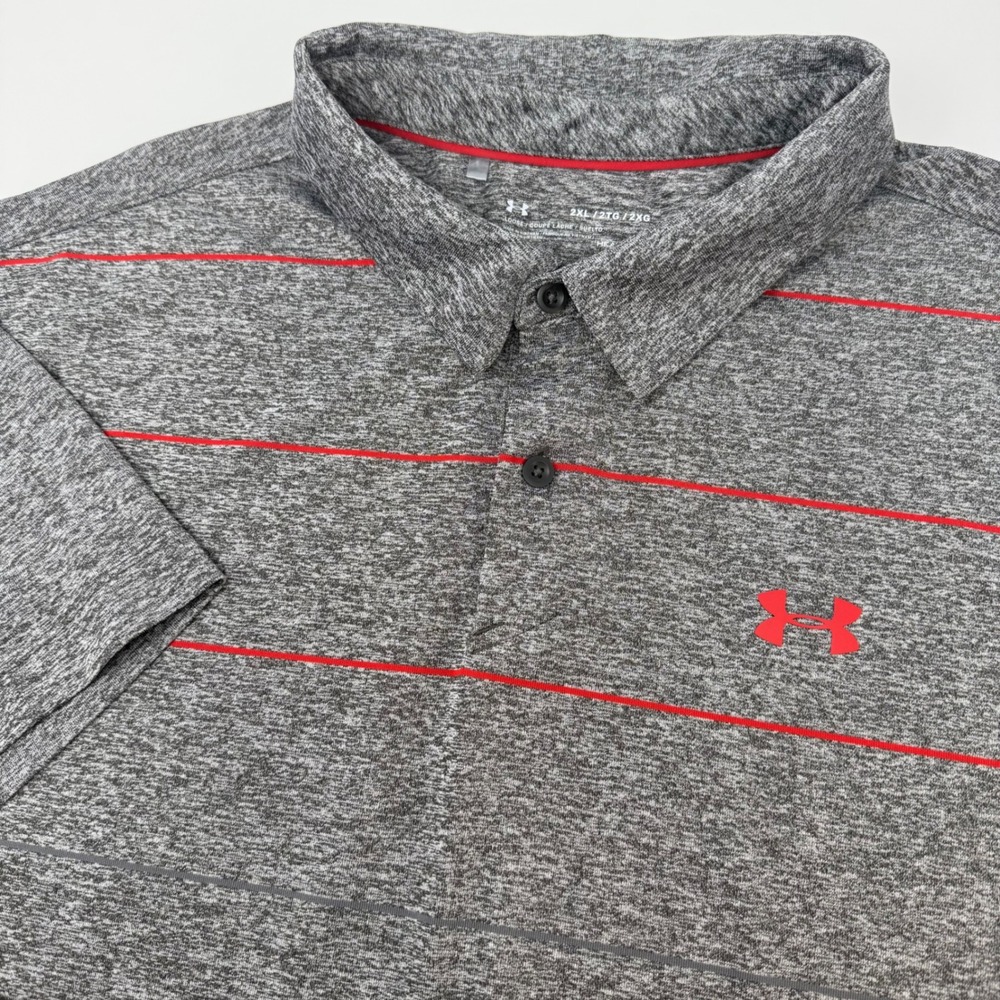 Under Armour Mens 2XL HeatGear Polo Shirt Heather Grey Red Striped Short Sleeve